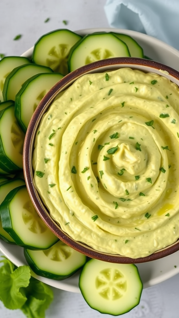 Avocado-spinazie dip in een kom met plakjes komkommer eromheen