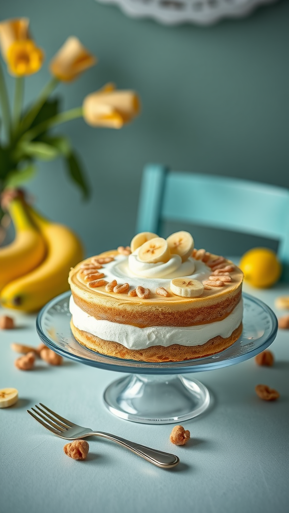 Bananen yoghurt taart met walnoten, versierd met schijfjes banaan, op een glazen schotel met bloemen en bananen op de achtergrond.