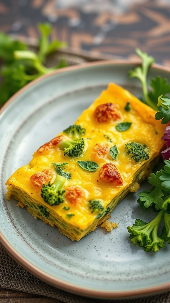 20 Heerlijke Koolhydraatarme Lunch Recepten die je moet proberen A slice of broccoli and cheese frittata on a plate, garnished with fresh herbs.