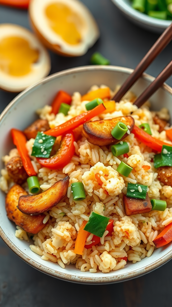 20 Heerlijke Koolhydraatarme Lunch Recepten die je moet proberen A bowl of cauliflower rice stir-fry with colorful vegetables and green onions.