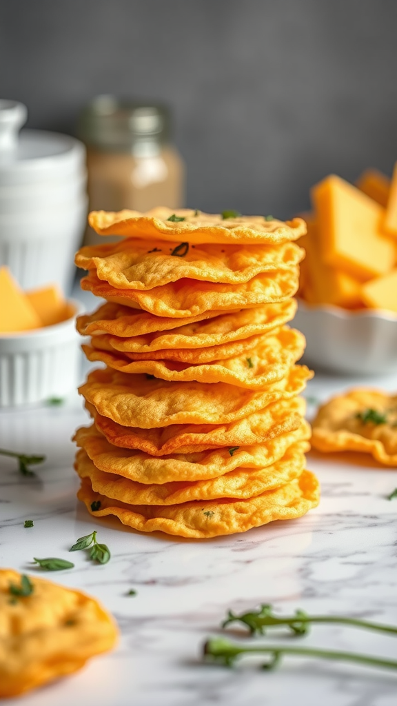 15 Heerlijke Koolhydraatarme Snacks om je Trek te Stillen A stack of crispy cheddar cheese snacks on a marble surface with cheese blocks and herbs in the background.