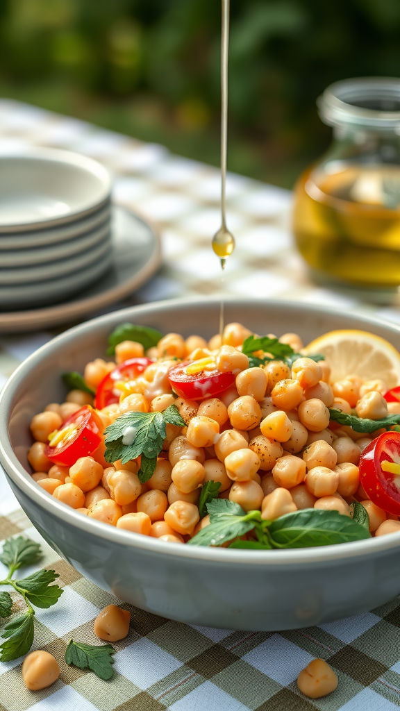 20 Heerlijke Koolhydraatarme Lunch Recepten die je moet proberen A bowl of chickpea salad with tomatoes and herbs, drizzled with lemon dressing