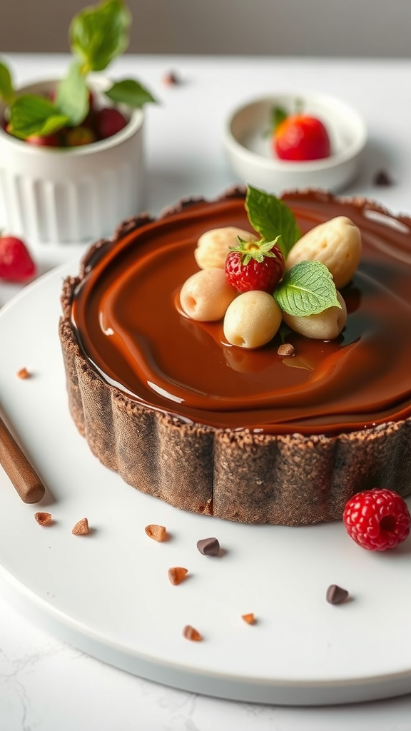 A delicious chocolate yoghurt tart topped with berries and mint leaves