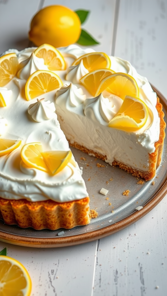 Een gesneden citroen yoghurt taart met meringue, versierd met schijfjes citroen en een hele citroen ernaast.