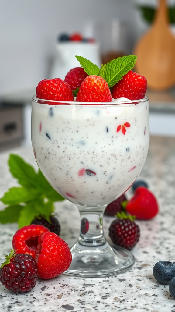 20 Heerlijke Koolhydraatarme Lunch Recepten die je moet proberen A glass of coconut chia pudding topped with strawberries and mint leaves, surrounded by fresh berries.