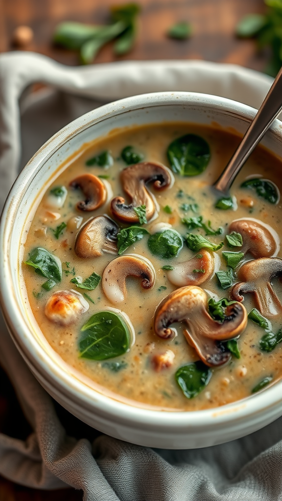 20 Heerlijke Koolhydraatarme Lunch Recepten die je moet proberen A bowl of creamy mushroom and spinach soup garnished with fresh herbs.