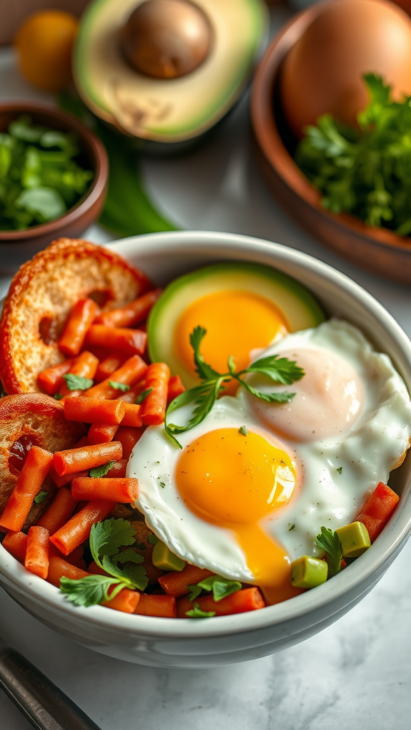 20 Heerlijke Koolhydraatarme Lunch Recepten die je moet proberen A healthy breakfast bowl with eggs, avocado, and colorful vegetables.
