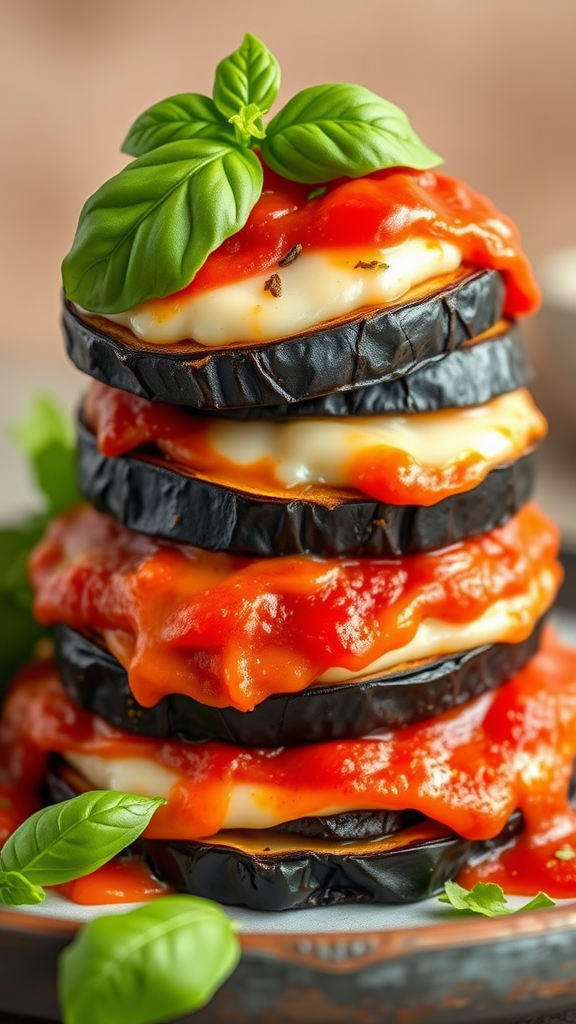 20 Heerlijke Koolhydraatarme Lunch Recepten die je moet proberen A delicious stack of eggplant parmesan with marinara sauce and fresh basil on top.