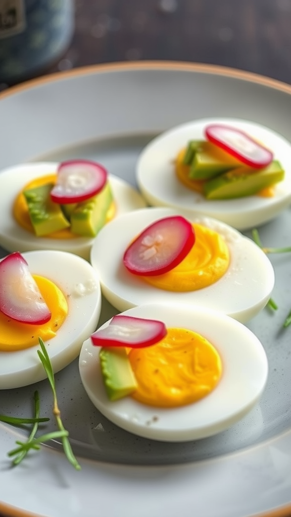 Eieren met avocado en radijs op een bord