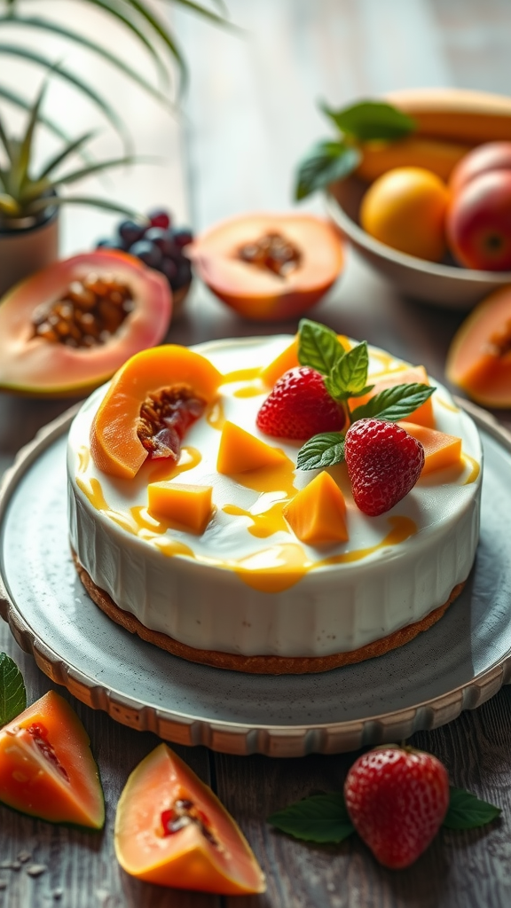 Een exotische yoghurt taart met papaya en mango, omringd door vers fruit.