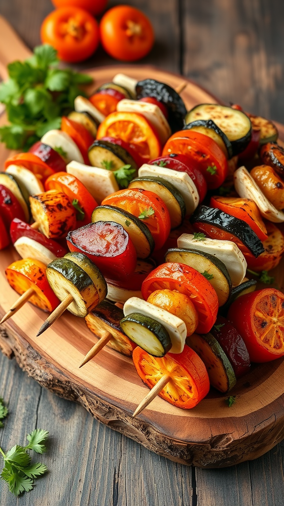 15 Heerlijke Koolhydraatarme Snacks om je Trek te Stillen Gegrilde groenten spiesjes met kleurrijke groenten op een houten bord