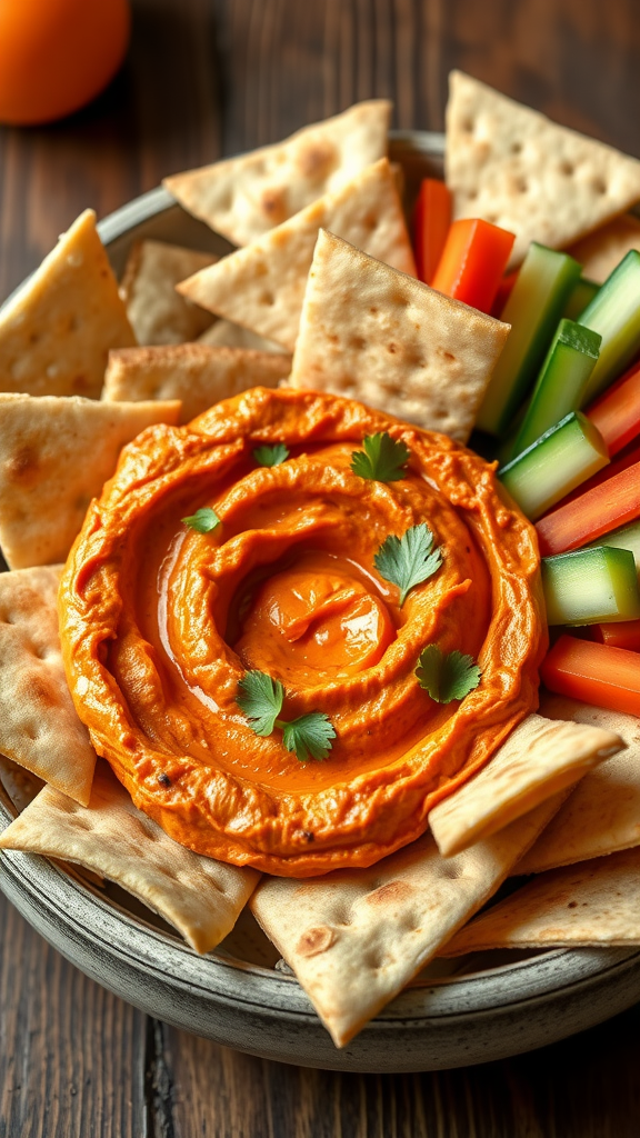 15 Heerlijke Koolhydraatarme Snacks om je Trek te Stillen A bowl of roasted red pepper hummus surrounded by pita chips and fresh vegetables.