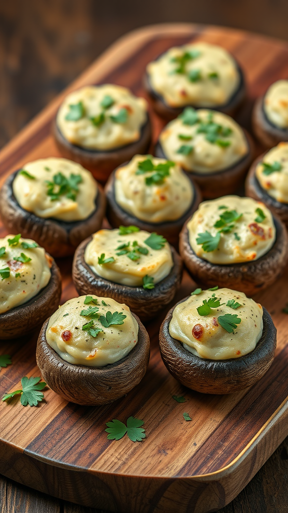 15 Heerlijke Koolhydraatarme Snacks om je Trek te Stillen Gevulde champignons met kaas, versierd met koriander, op een houten bord
