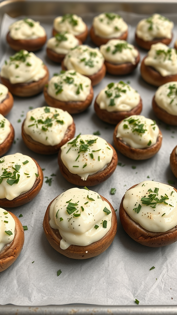 Gevulde champignons met roomkaas en kruiden op een bakplaat.