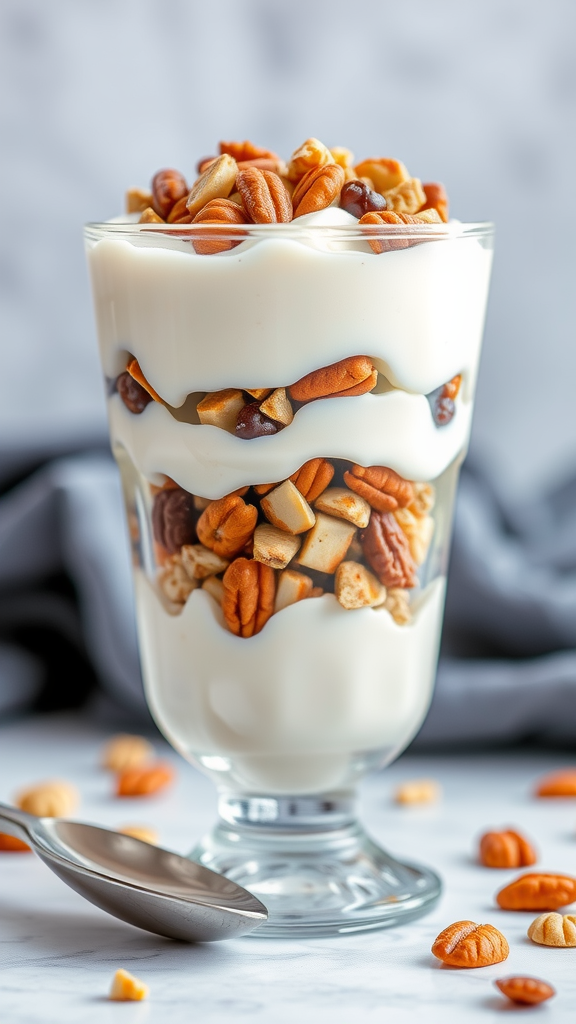 20 Heerlijke Koolhydraatarme Lunch Recepten die je moet proberen A delicious Greek yogurt parfait layered with nuts, served in a clear glass.