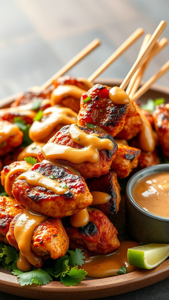 Grilled chicken skewers drizzled with peanut sauce, garnished with cilantro and lime.