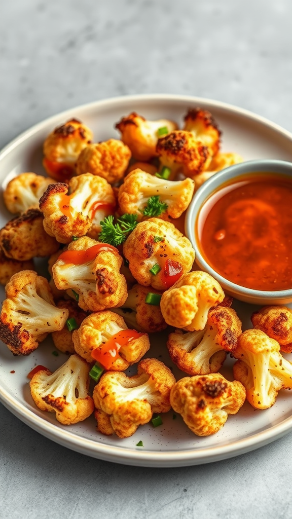 15 Heerlijke Koolhydraatarme Snacks om je Trek te Stillen Een bord met knapperige bloemkoolroosjes en een dipsaus