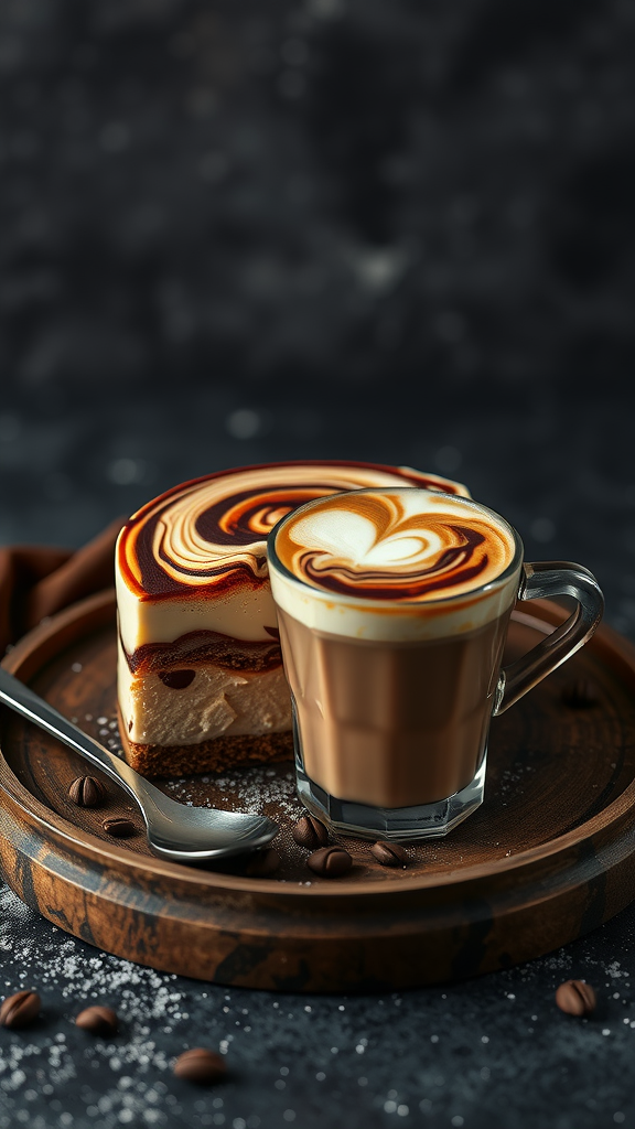 A slice of Koffie Yoghurt Taart with espresso swirls next to a cup of coffee on a wooden plate.