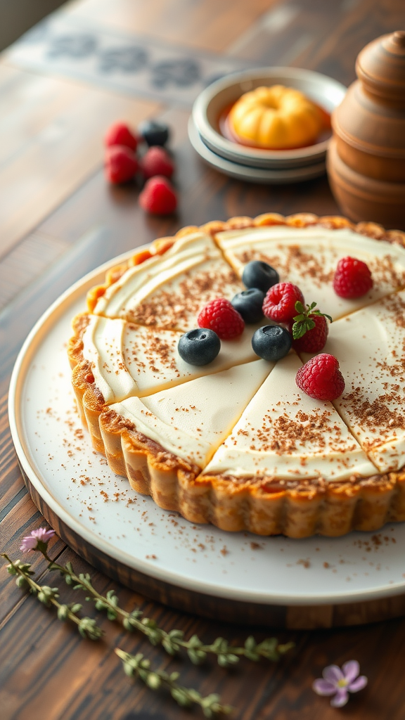 A delicious low-carb yoghurt tart with a nut crust, topped with raspberries and blueberries.
