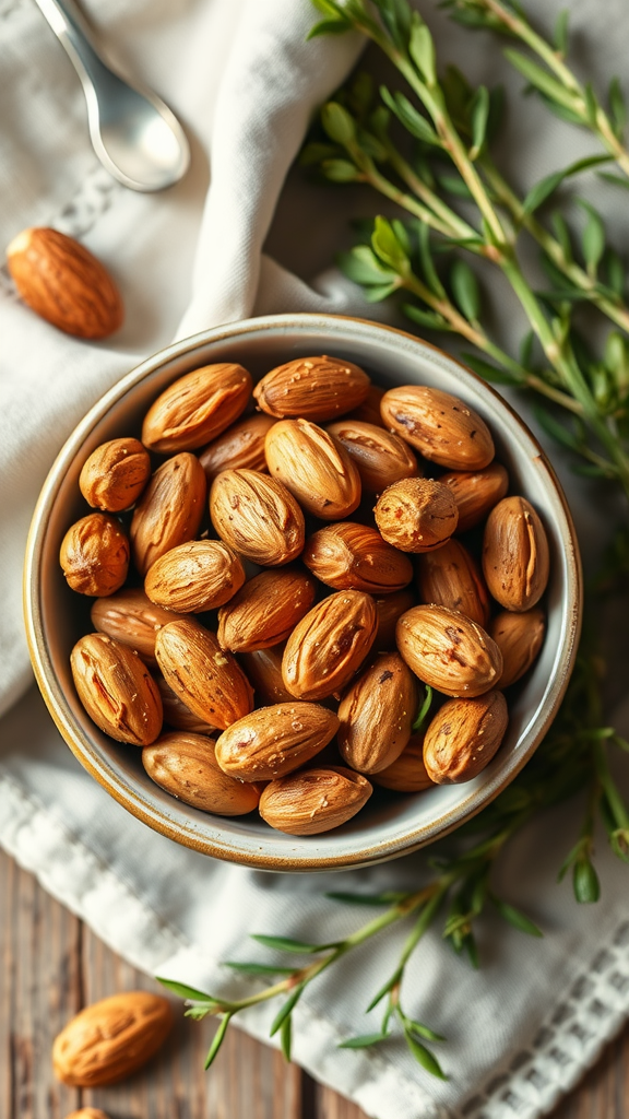 15 Heerlijke Koolhydraatarme Snacks om je Trek te Stillen Een kom met geroosterde amandelen op een houten tafel, omringd door kruiden.