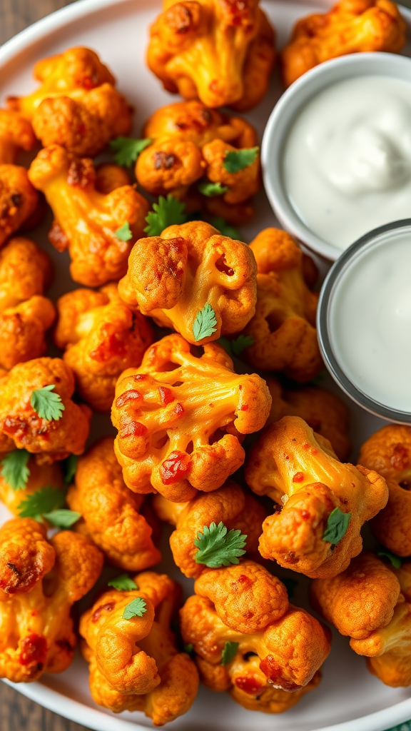 A plate of spicy cauliflower buffalo bites with two small bowls of dipping sauce.