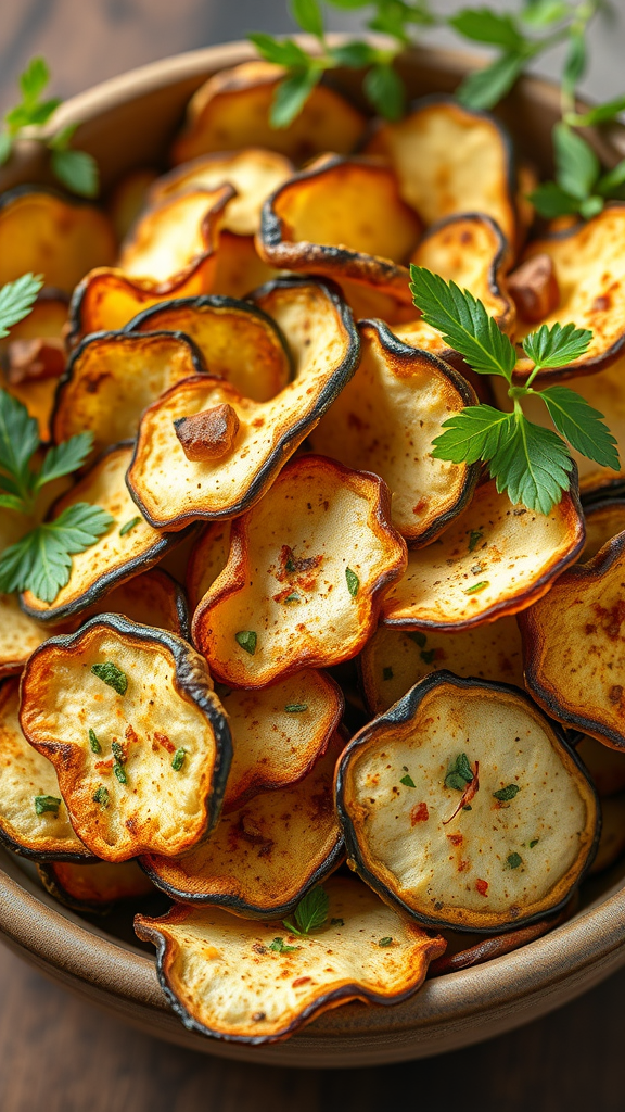 15 Heerlijke Koolhydraatarme Snacks om je Trek te Stillen A bowl of crispy and seasoned courgette chips garnished with fresh herbs.