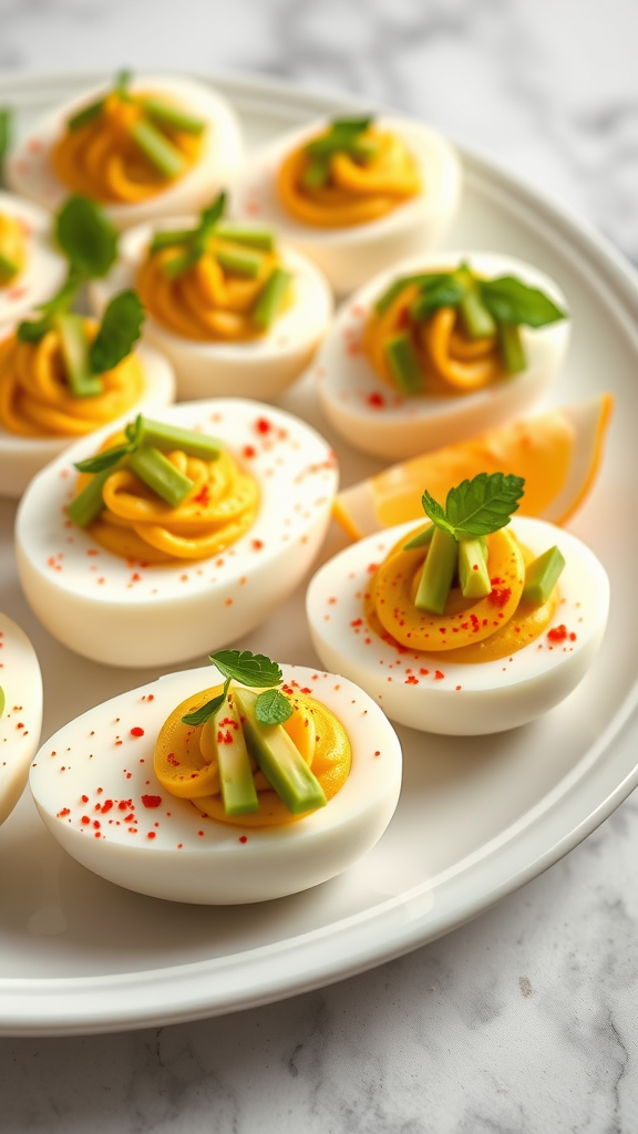 15 Heerlijke Koolhydraatarme Snacks om je Trek te Stillen Gehalveerde eieren gevuld met avocado en gekruide eigeel, opgediend met groene groenten en kruiden.