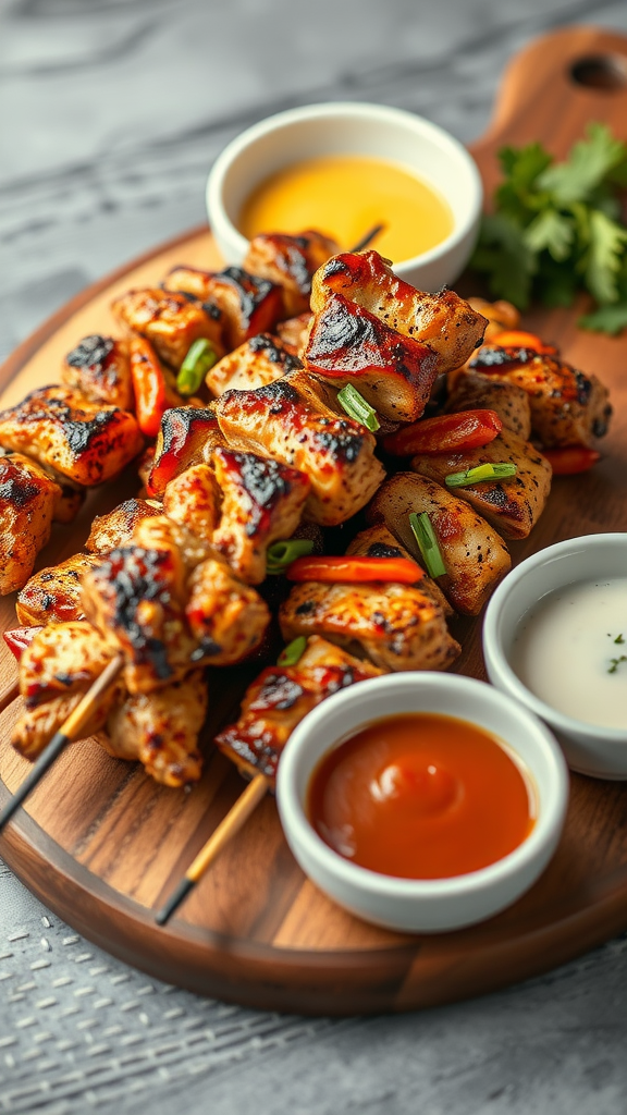 15 Heerlijke Koolhydraatarme Snacks om je Trek te Stillen Een bord met kruidige kip spiesjes, geserveerd met verschillende sauzen en verse kruiden.
