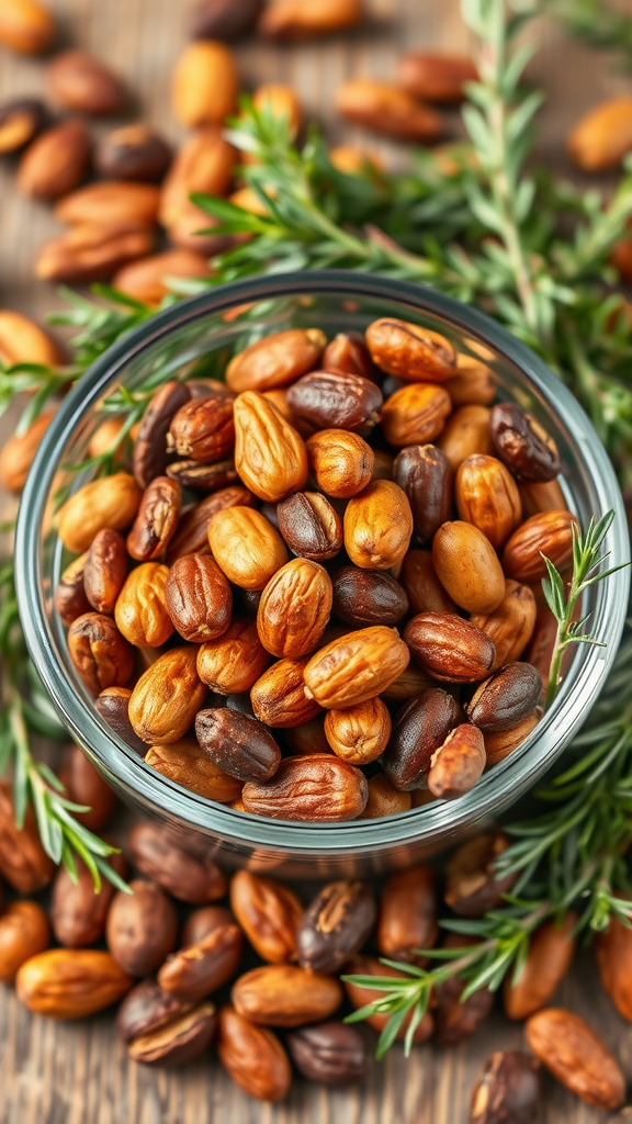 15 Heerlijke Koolhydraatarme Snacks om je Trek te Stillen Kruidige notenmix in een glazen kom met verse kruiden op een houten tafel.