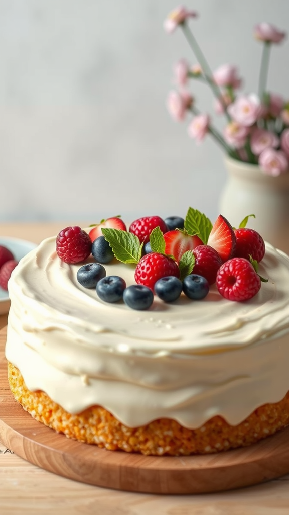 Kruidige yoghurt taart met gember, gegarneerd met bessen en munt, op een houten snijplank.