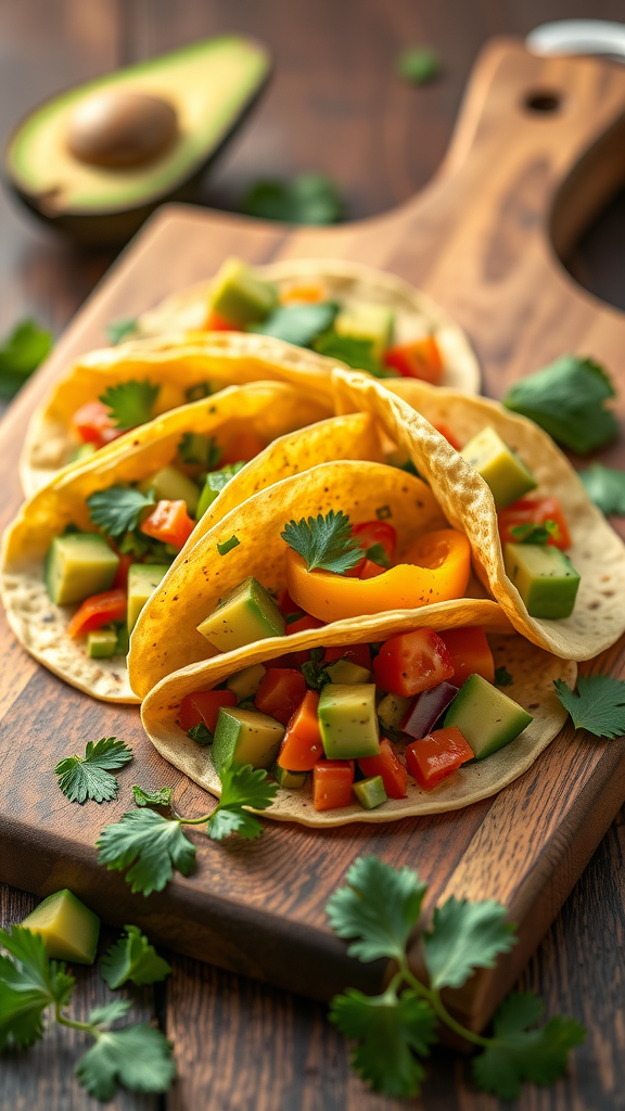 Mini groentetortilla's met avocado en groenten op een houten plank