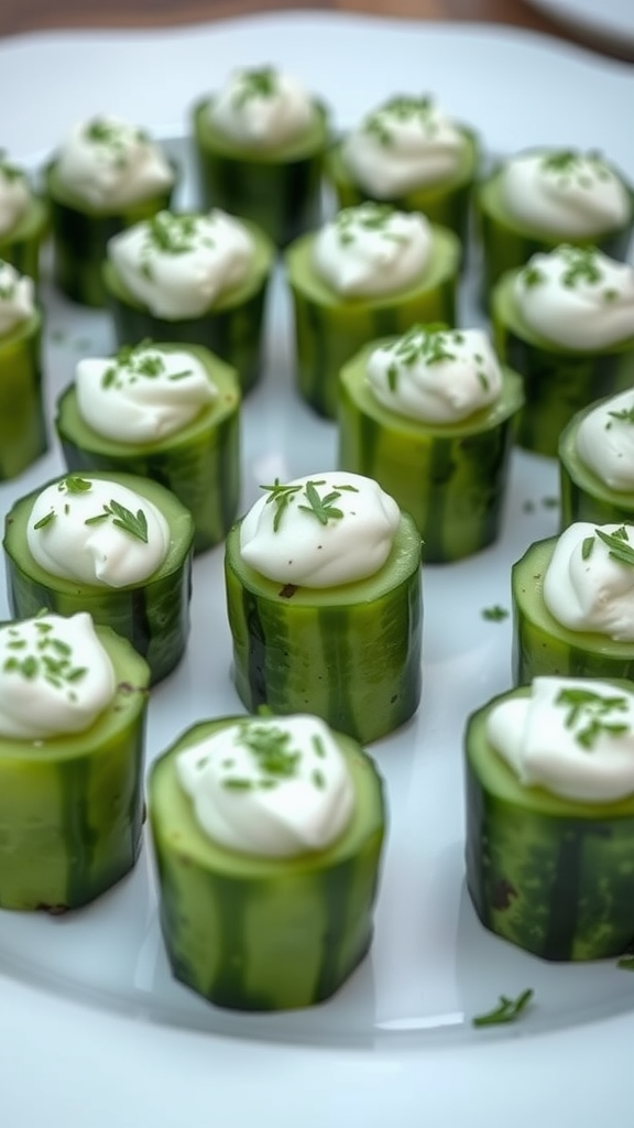 15 Heerlijke Koolhydraatarme Snacks om je Trek te Stillen Mini komkommers gevuld met roomkaas en kruiden, geserveerd op een bord.