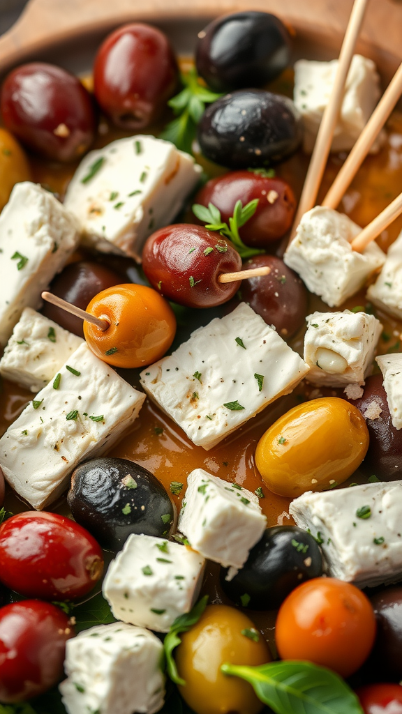 Olijven en feta kaas op een borrelplank