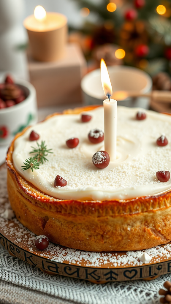 Een peperkoek yoghurt taart met een kaars en versieringen, perfect voor de feestdagen.