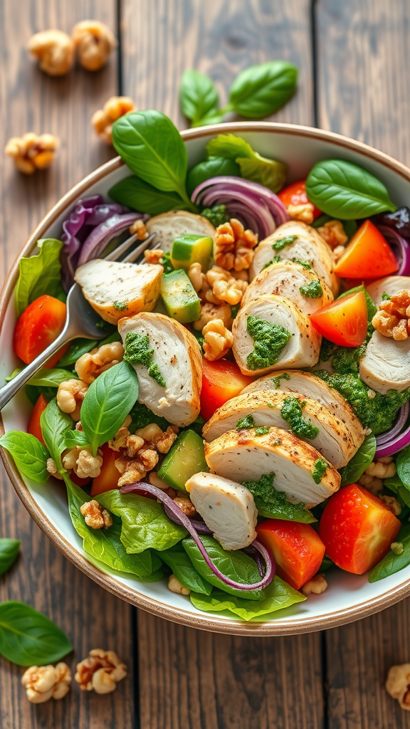 20 Heerlijke Koolhydraatarme Lunch Recepten die je moet proberen A vibrant Pesto Chicken Salad featuring sliced chicken, greens, tomatoes, cucumbers, red onion, and walnuts drizzled with pesto.
