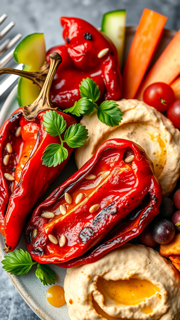 20 Heerlijke Koolhydraatarme Lunch Recepten die je moet proberen A colorful plate featuring roasted red peppers, hummus, and fresh vegetables.