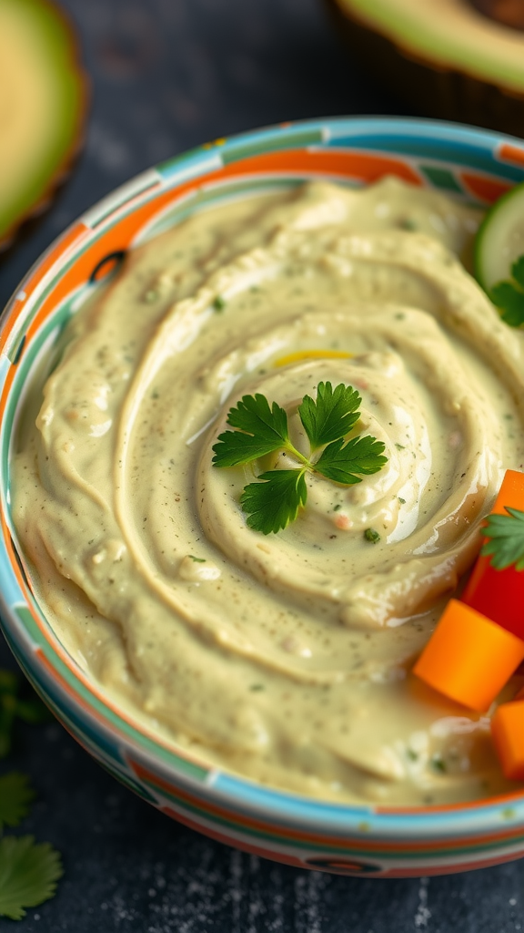 15 Heerlijke Koolhydraatarme Snacks om je Trek te Stillen A creamy avocado dip topped with cilantro and colorful diced vegetables in a decorative bowl