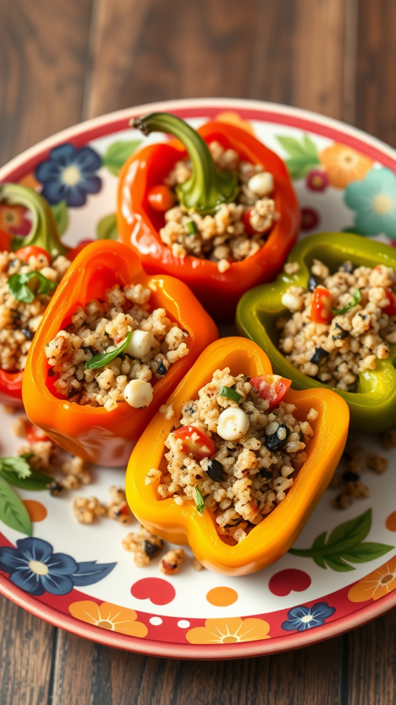 20 Heerlijke Koolhydraatarme Lunch Recepten die je moet proberen Vibrant stuffed bell peppers filled with quinoa and vegetables on a colorful plate. Koolhydraatarme Lunch Recepten