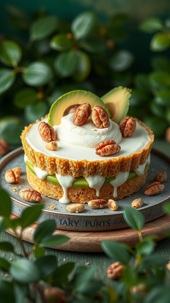 A layered yoghurt taart made with avocado, topped with whipped cream and pecans, surrounded by green leaves.