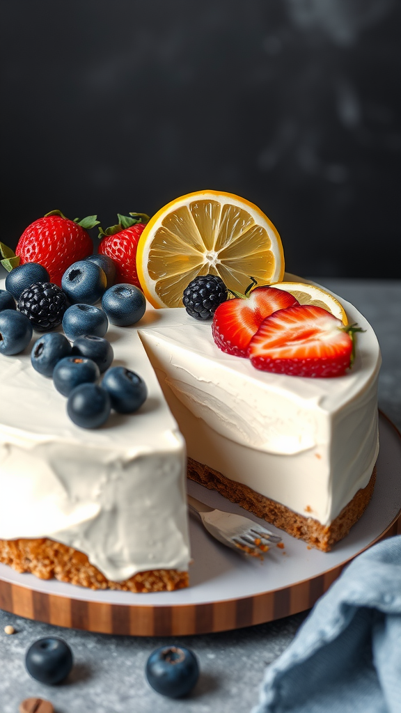 A delicious yoghurt taart topped with blueberries, strawberries, and lemon slices.