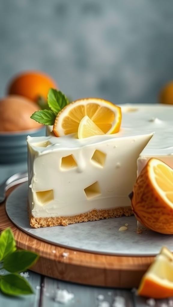 A slice of yoghurt taart decorated with lemon and mint on a wooden board