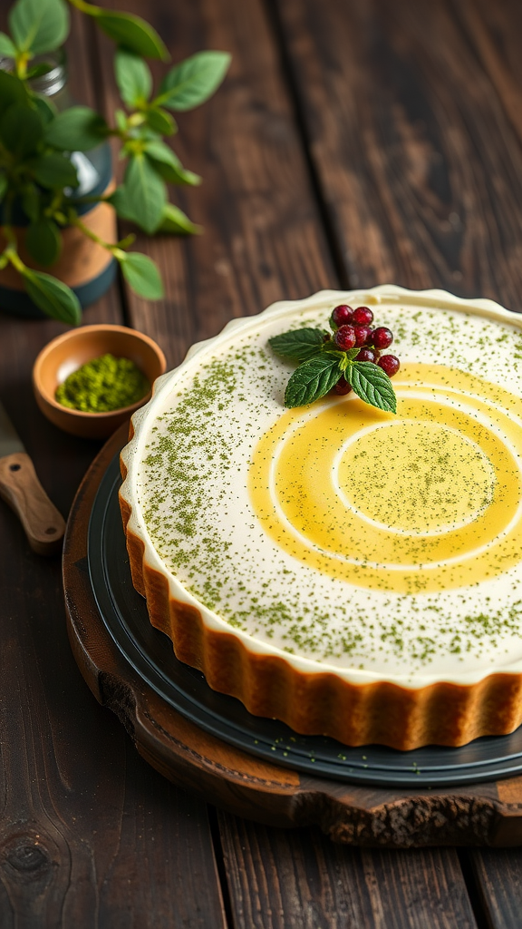 Een mooie yoghurt taart met matcha poeder en honing, versierd met munt en bessen
