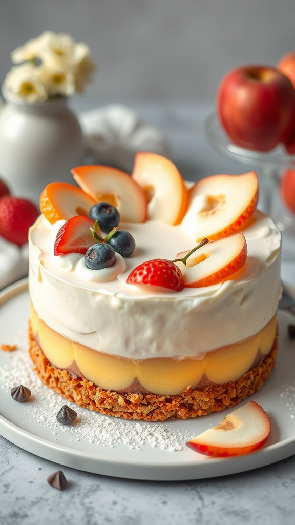 A beautifully decorated yoghurt cake with orange and vanilla flavors, topped with fresh fruits.