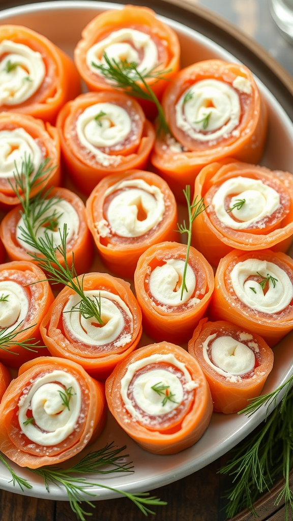 15 Heerlijke Koolhydraatarme Snacks om je Trek te Stillen Een bord met zalmrolletjes, gevuld met roomkaas en dille.