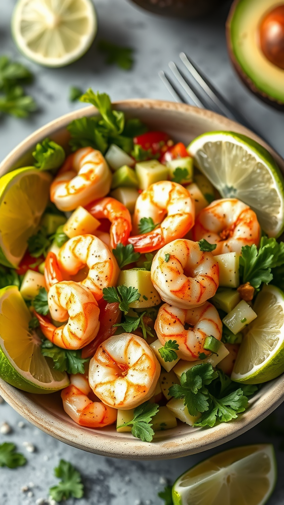 20 Heerlijke Koolhydraatarme Lunch Recepten die je moet proberen A vibrant shrimp and avocado salad with lime and cilantro.