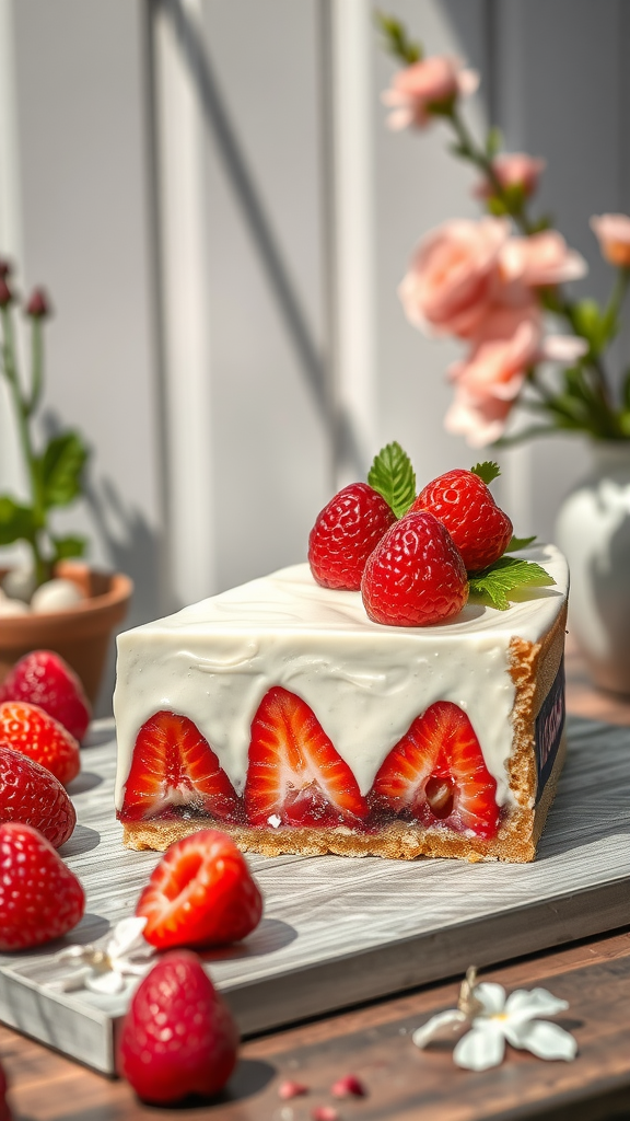 Zomerse yoghurt taart met frambozen en munt op een houten tafel