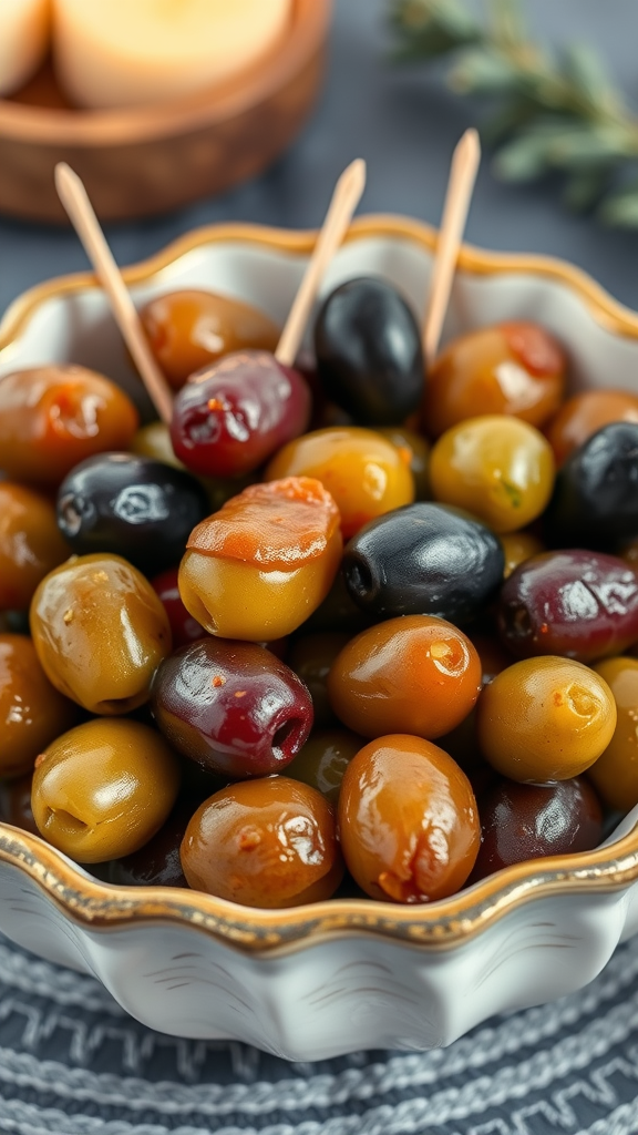 15 Heerlijke Koolhydraatarme Snacks om je Trek te Stillen A bowl of assorted olives, including green, black, and kalamata varieties, with toothpicks for serving.