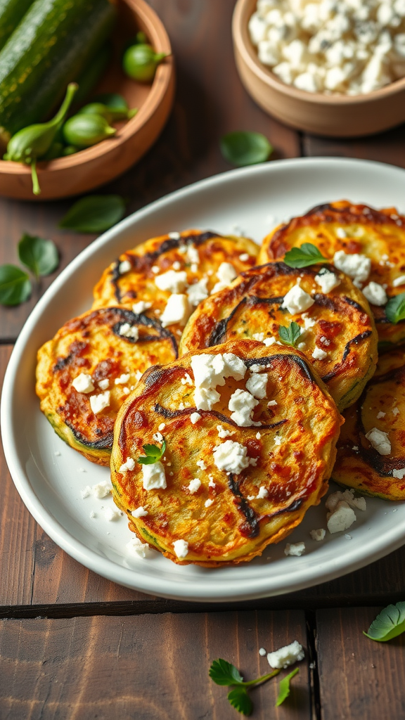 Plate of zucchini beignets topped with feta cheese