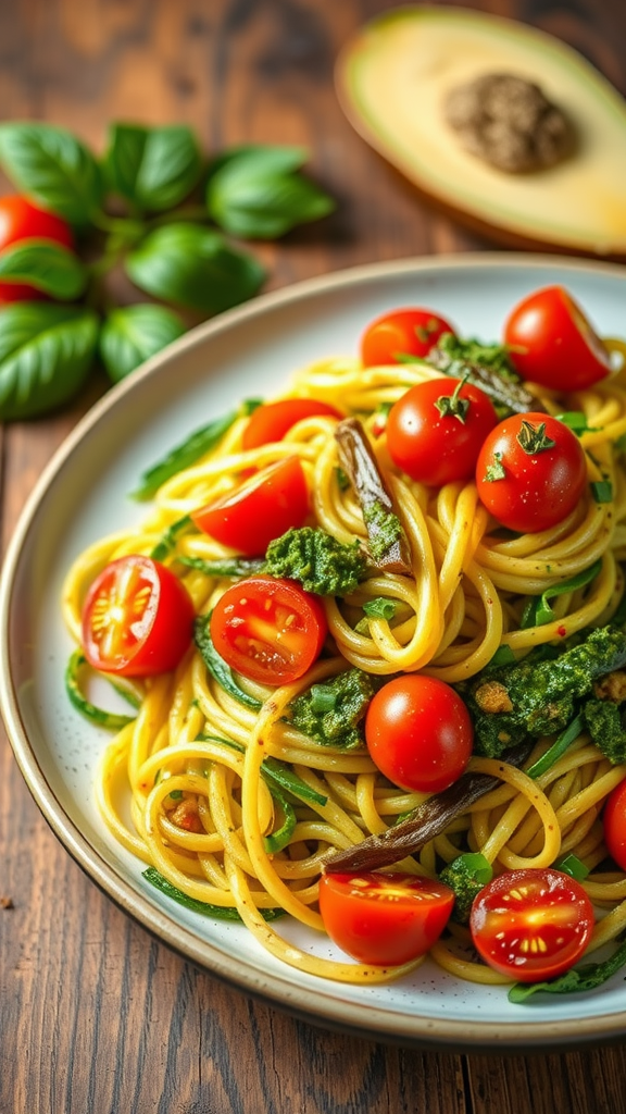 20 Heerlijke Koolhydraatarme Lunch Recepten die je moet proberen A vibrant zucchini noodle salad with cherry tomatoes and pesto on a plate, surrounded by fresh basil and an avocado in the background.