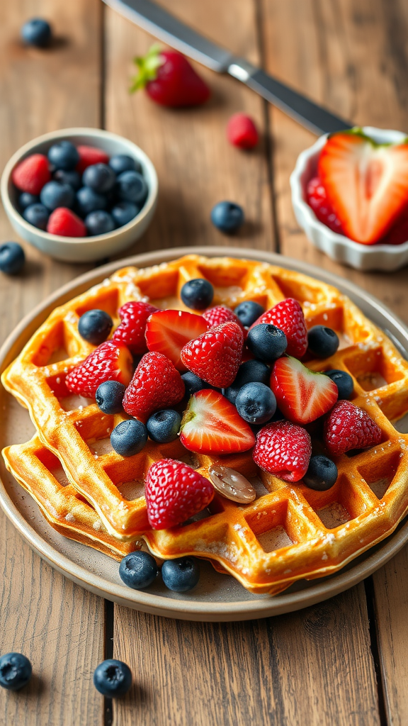 Amandelmeel wafels met bessen op een houten tafel